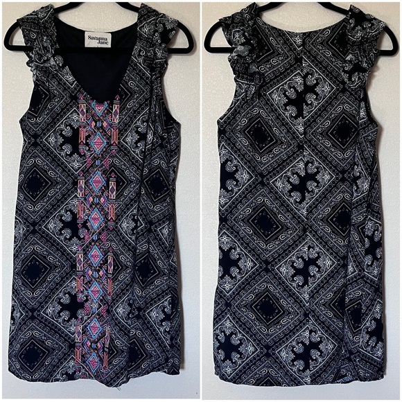 Savanna Jane Boho Paisley Embroidered Ruffle Flutter Sleeve Shift Dress Large L - Picture 4 of 11